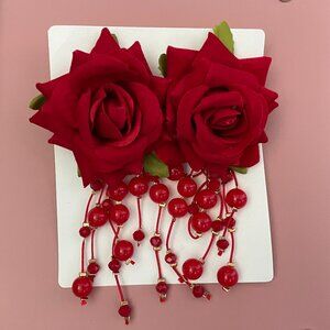 Floral, Red Roses, 3D, Cloth Earrings, NEW!